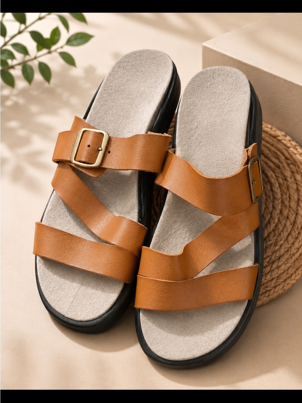 Women’s Tan Buckle Slide Sandals with Triple Straps